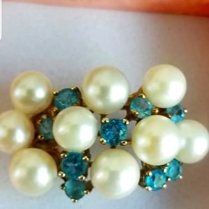 70s gold 10k pearl Aquamarine  Apaite cluster cocktail  ring sz 6.5